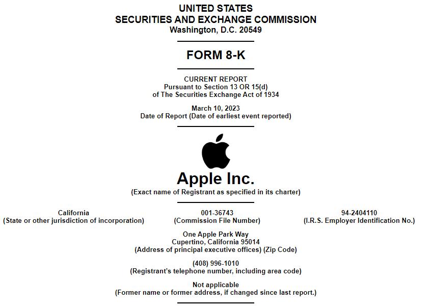 Front Page of Apple's Form 8-K