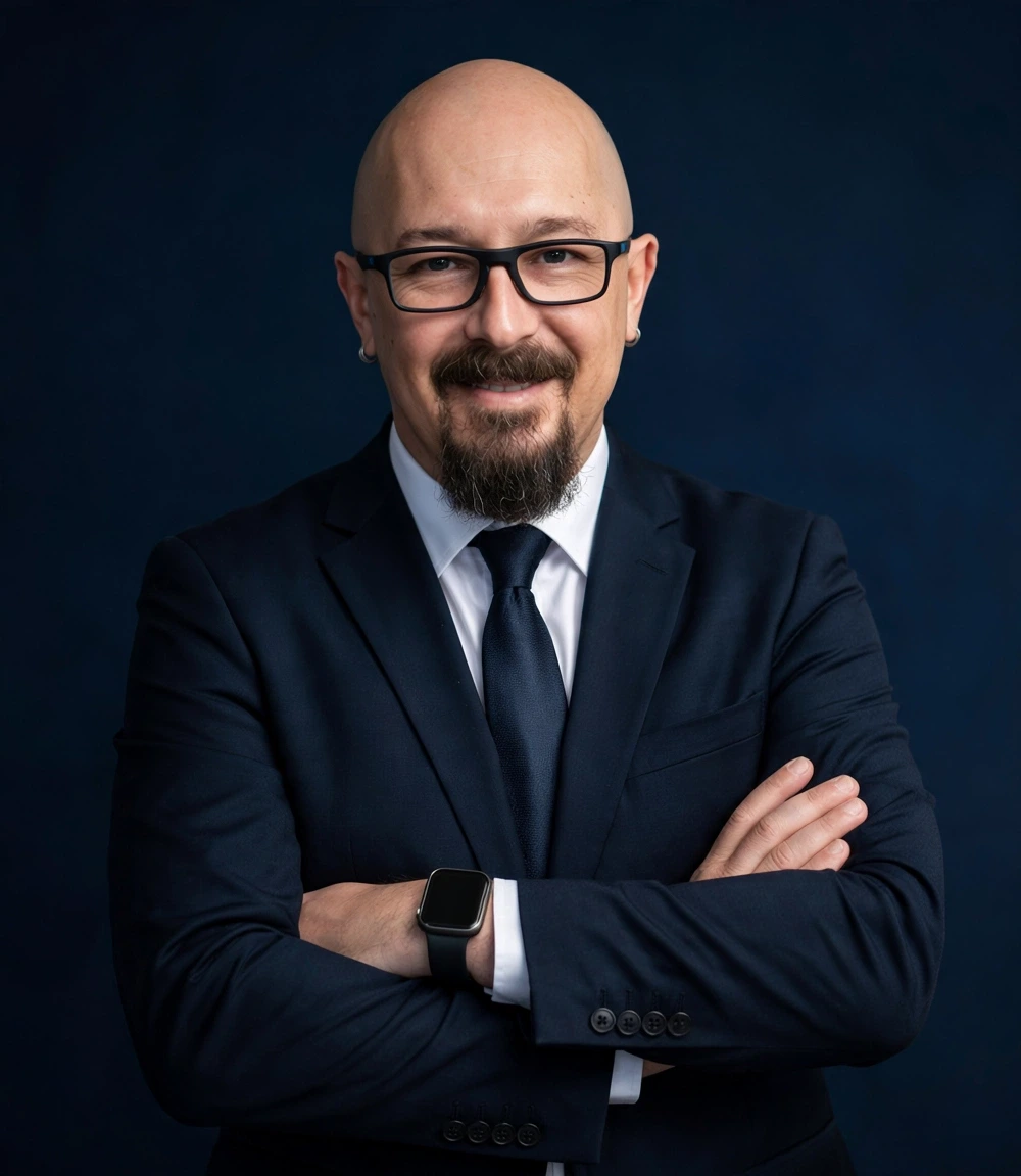 Alex Smith, author and stock market educator, in a navy suit with white shirt and tie, arms crossed
